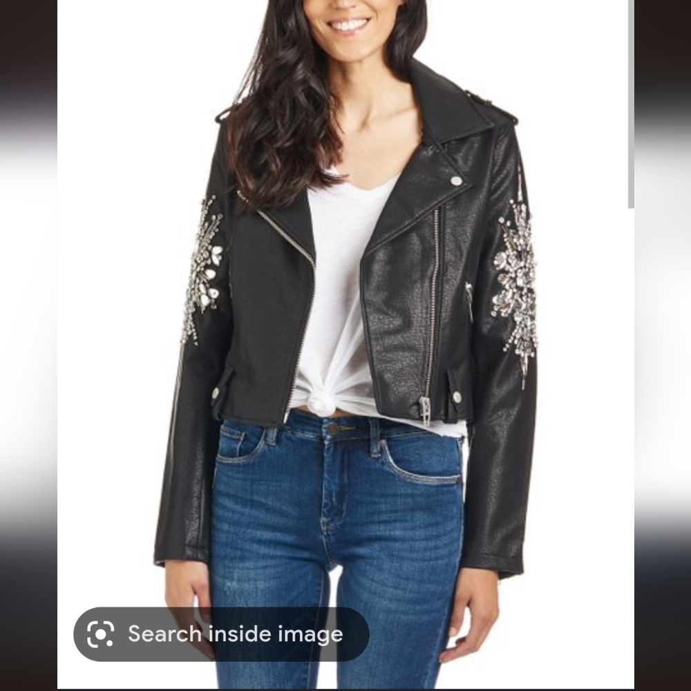 Blank NYC leather rhinestone embellished moto jacket